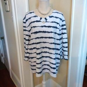 Southern lady 1x navy striped blouse with criss-cross neckline and necklace